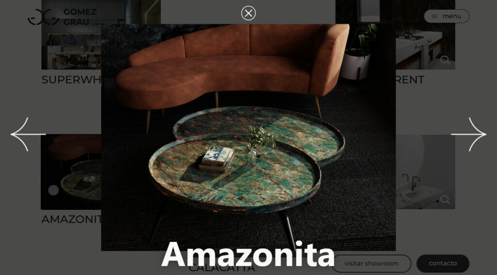 Galería de piedras de la web de Gomez Grau abierta en la Amazonita: dos mesas con sobre de amazonita
