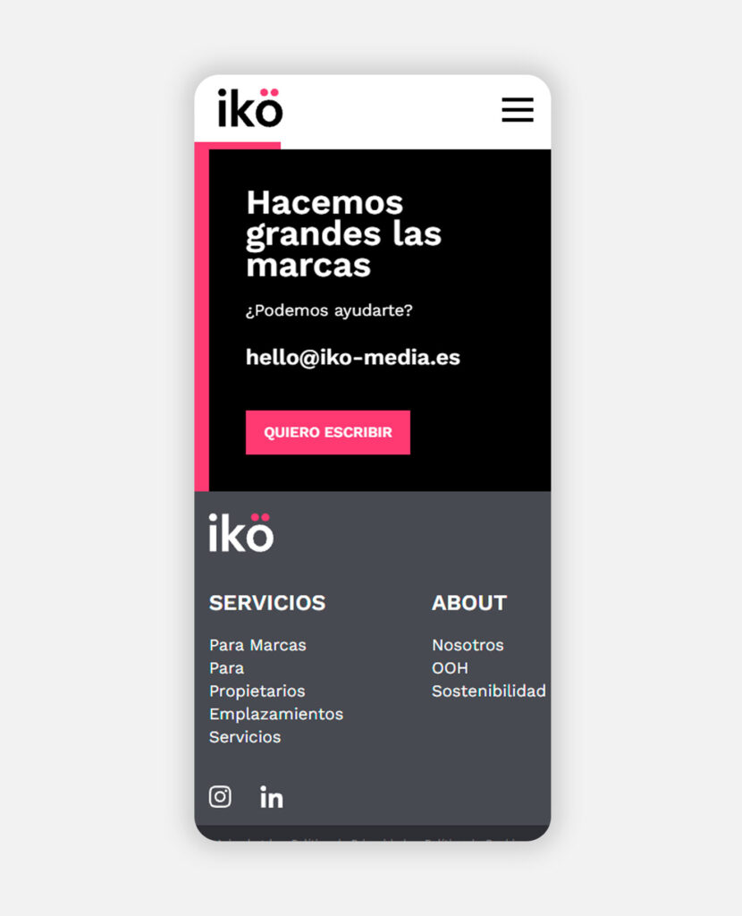 Web de Ikö media en móvil: contacto y pie de página