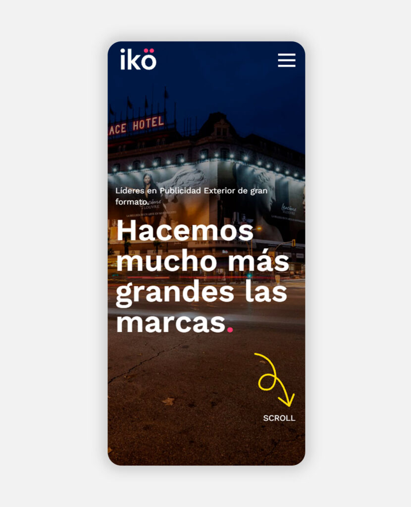 Web de Ikö media en móvil: portada con el titular «Hacemos mucho más grandes las marcas»