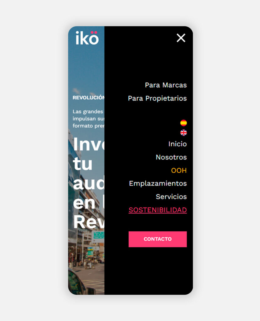 Web de Ikö media en móvil con el menú abierto