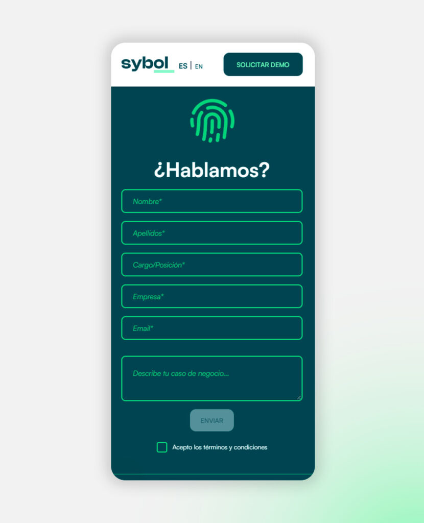Web de Sybol en móvil: formulario de contacto «¿Hablamos?»