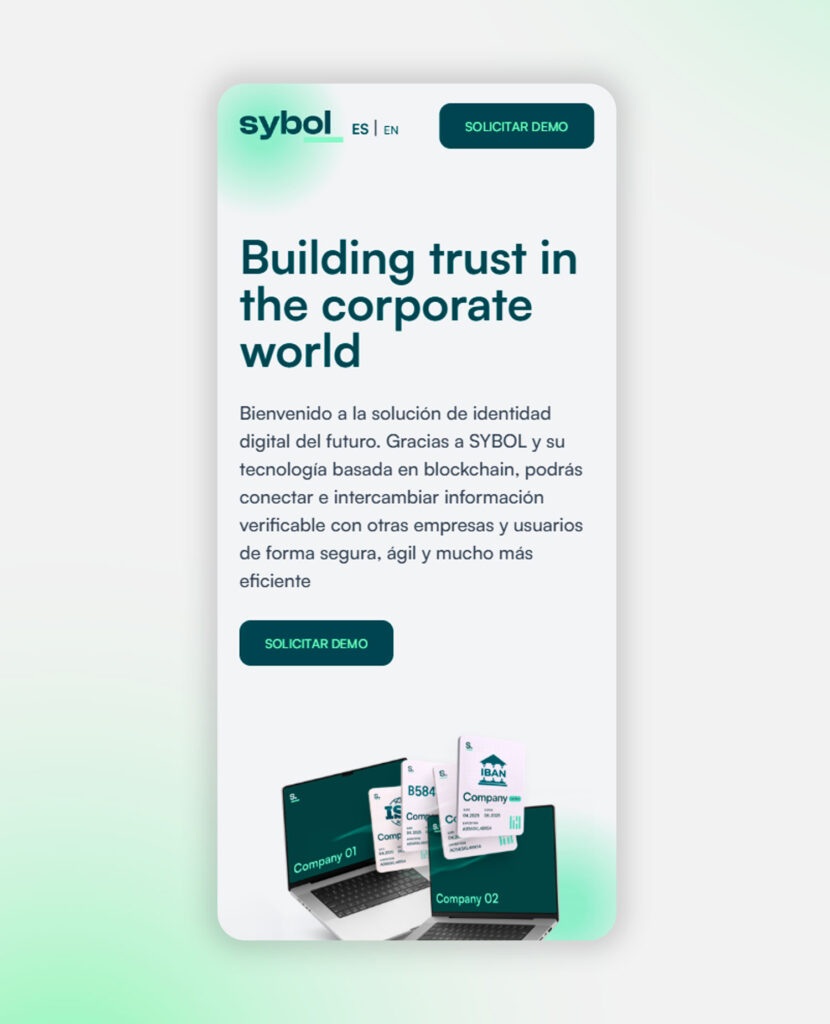 Web de Sybol en móvil: portada con el titular «Building trust in the corporate world»