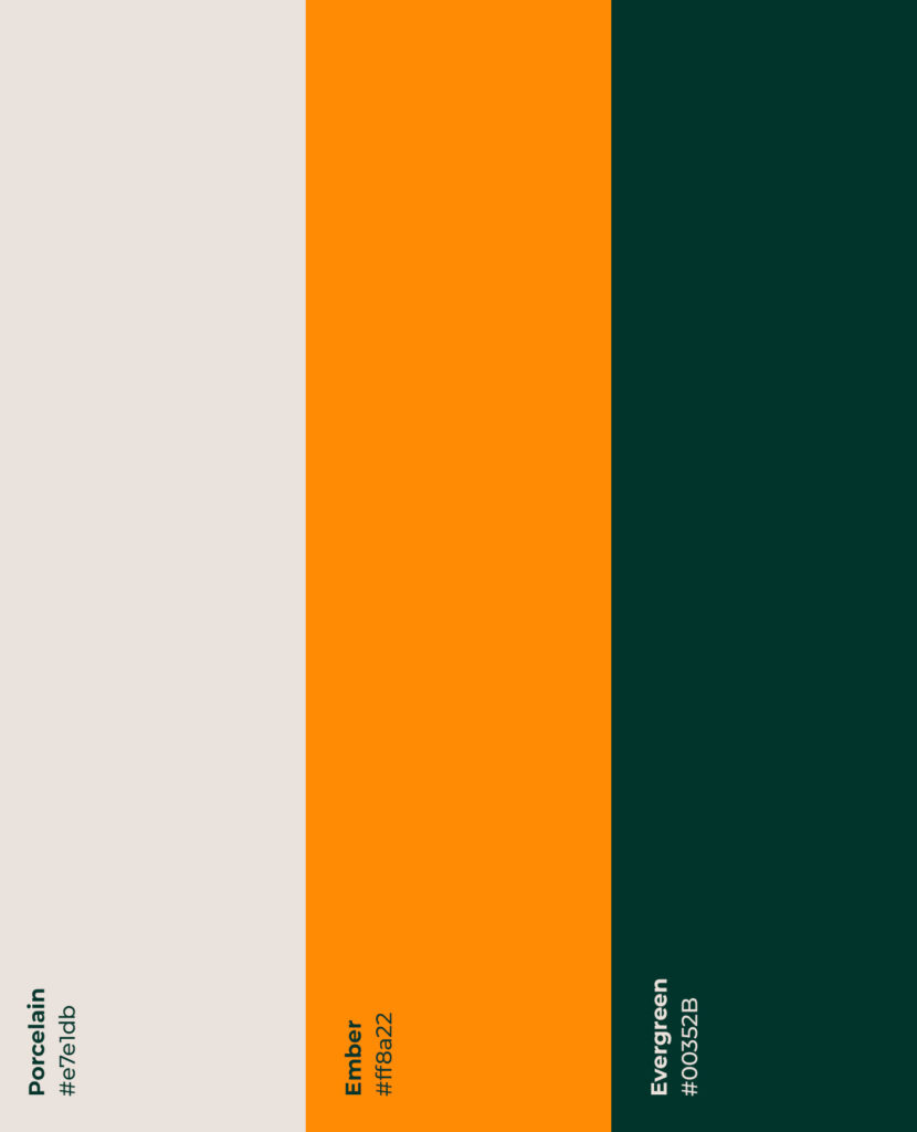 Paleta de colores de WeReds: porcelana, naranja y verde oscuro